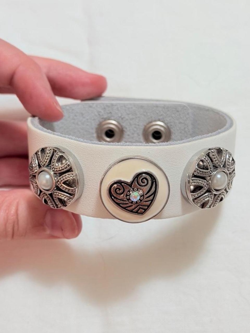 White Snap-Button Bracelet with Heart Accent